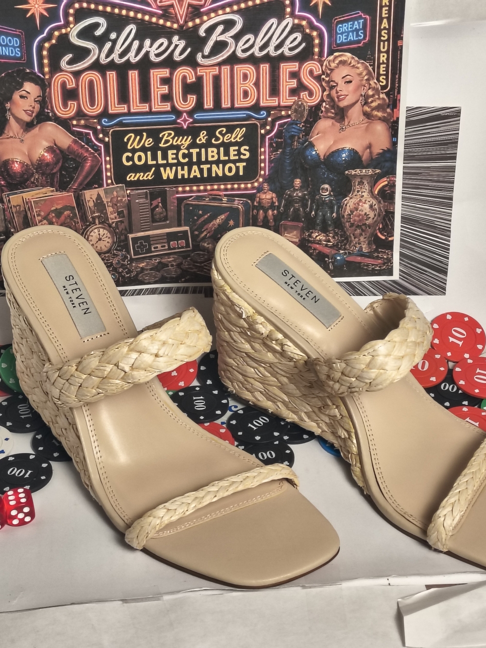 Steven New York Raffia Wedge Sandals 11M Natural Braided Slip On Heels - Picture 1 of 6